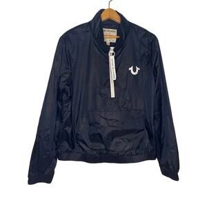 True Religion Womens Black Windbreaker Pull Over‎ 1/4 Zip Jacket Size Large